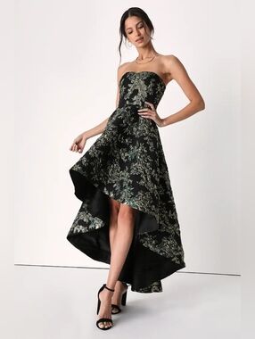 Lulus All Romance Green Floral Jacquard Strapless High-Low Dress Brocade